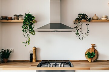 Interior of bright kitchen with silver cooker hood, vase with plants on wooden counter top