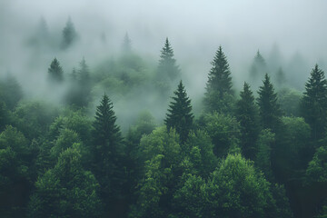 Fototapeta premium Towering Trees Enveloped in Mist Creating a Calm Forest Landscape