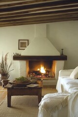 Fototapeta premium Cozy Fireplace in Rustic Living Room with Wooden Beams