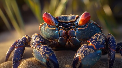 Colorful Macro Shot of a Crab on Sandy Beach at Sunset