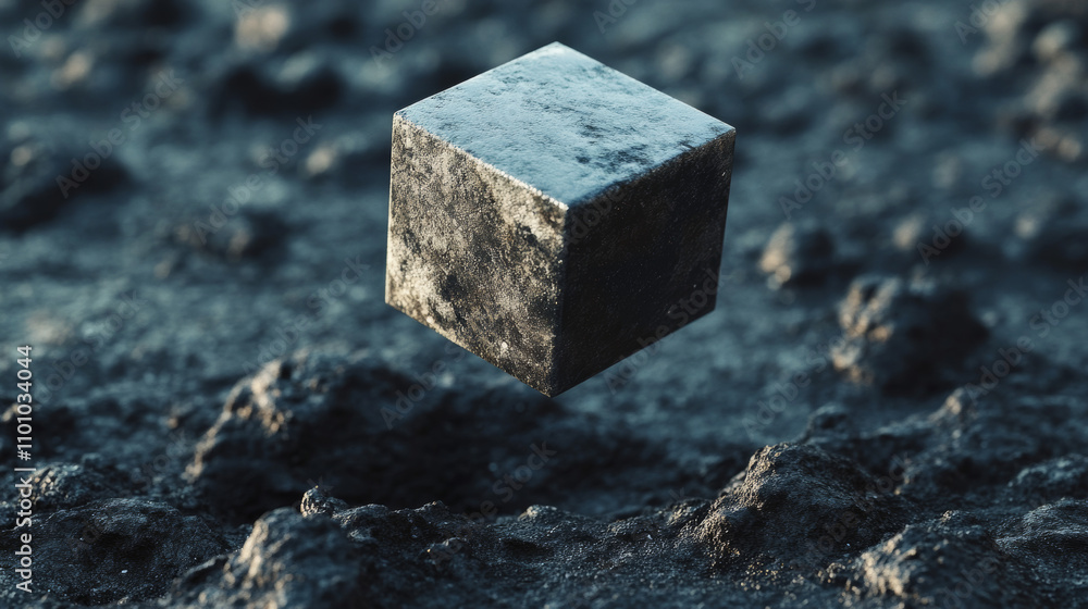 Poster a 3d image shows a cube floating above dark, rough ground.