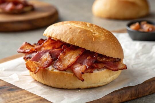 Crunchy bacon wrapped around a warm bread roll, savory, bacon, wrap, crunchy, roll