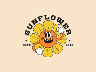 Sun Flower with hand and joyful face and happy logo cartoon character in vintage retro style