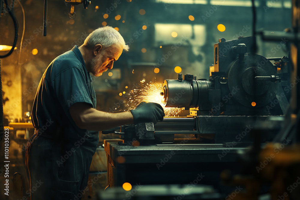 Poster skilled machinist working on a lathe in a workshop filled with sparks. generative ai