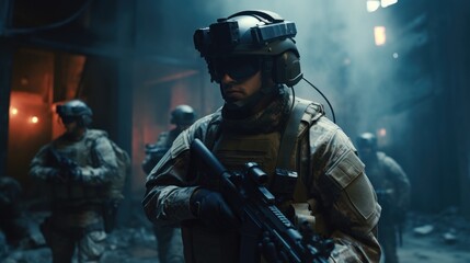 Fototapeta premium Modern Warfare Soldier in Urban Combat Zone