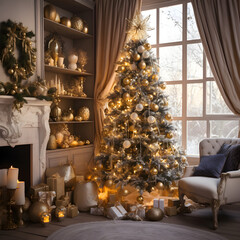 Fully Bright Golden Ornaments and Glittering Festive Accents
