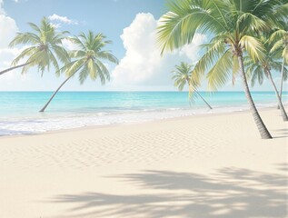 Obraz premium A serene sandy tropical beach with palm trees swaying gently in the breeze and a turquoise ocean stretching into the horizon, serenity, water, landscape, calm.