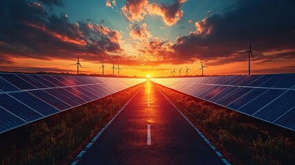 Solar panels and wind turbines are silhouetted against a sunset, emphasizing the beauty of renewable energy.