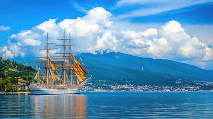 Obraz premium Majestic Tall Ship Docked in Calm Waters Under Blue Sky
