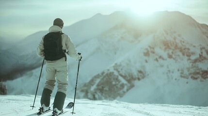 Vintage Skiing Scene: Capture the Nostalgia of Classic Winter Adventures with This Sepia-Toned Photo of an Old-Fashioned Skier - Perfect for Sports Interior Posters!
