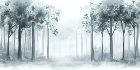 Obraz premium Enchanted Forest Covered in Fog Creating a Mysterious Ambiance with Soft Gray Tones
