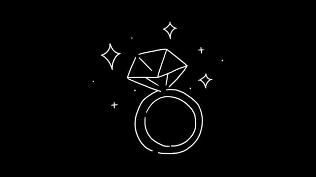 diamond ring on black Retro cartoon doodle hand drawing motion graphics clip template with colorful lights animation. HD resolution with hyper realistic 4K black Background.