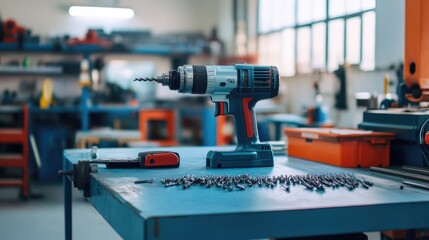 Power Drill on Workbench Surrounded by Tools and Hardware
