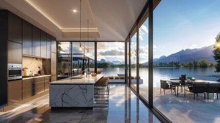 Fototapeta premium Interior design of kitchen interior with luxury waterfront and panoramic views of lake and mountains