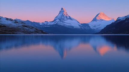 Obraz premium Serene mountain landscape reflecting in calm water at dawn.