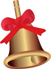 Golden metal bell with red bow with transparent background, Christmas symbol, school bell, vintage bell. 3D effect.
