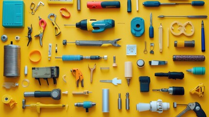 Obraz premium Colorful Collection of Hand Tools and Equipment on Yellow Background