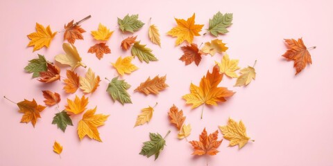 Obraz premium Delicate fall foliage scattered on a soft pink surface, flat lay view, floral patterns