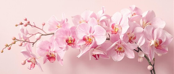 A stunning arrangement of artificial orchids in shades of pink and white against a neutral background, vintage inspired floral pattern, elegant simplicity, botanical art