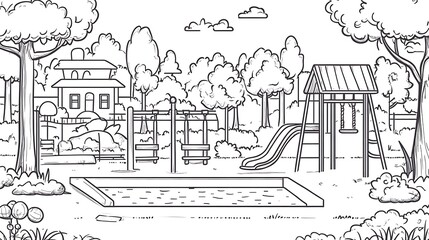 A cute kids&rsquo; coloring page featuring a cartoon-style playground with swings, a slide, and a sandbox, hand-drawn with sick lines and minimal detail, no shading, perfect for a doodle-style coloring book