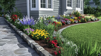Vibrant Flower Garden with Pathway Next to Cozy Home Exterior