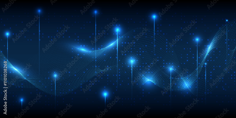 Poster vector illustration of futuristic digital technology background with glowing dots floating on digita