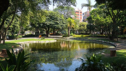 Fototapeta premium Tranquil Park Pond Surrounded By Lush Green Trees