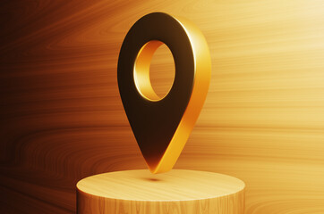 Geolocation icon on wooden podium with wooden background. 3d rendering illustration