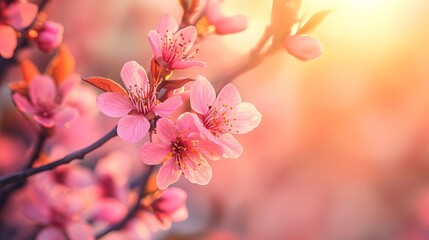 Obraz premium Pink cherry blossom tree in full bloom at sunrise, capturing delicate flowers and vibrant spring colors, perfect for mother’s day or easter-themed backgrounds
