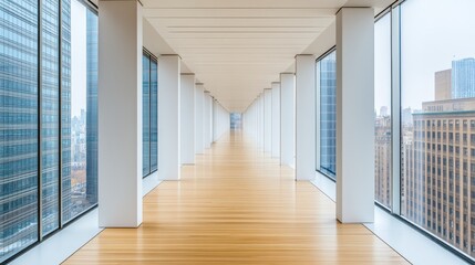 Obraz premium Sleek and Modern Corporate Office Interior with Floor-to-Ceiling Windows