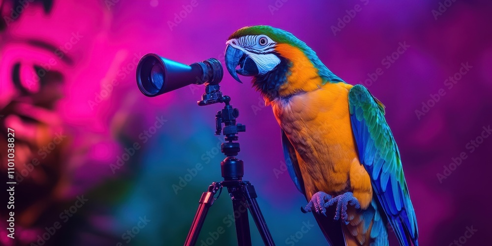 Poster parrot with tiny telescope in colorful setting