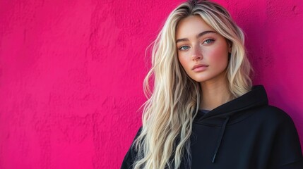 Fototapeta premium Blonde model in stylish black hoodie posing against a bright pink neon wall, showcasing a modern and trendy aesthetic with soft, natural lighting.
