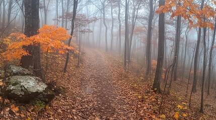 Obraz premium Misty forest path surrounded by vibrant orange autumn leaves and fog, creating a serene and captivating autumn landscape.