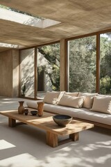 Fototapeta premium Serene Woodland Retreat: Modern Living Room with Panoramic Nature Views