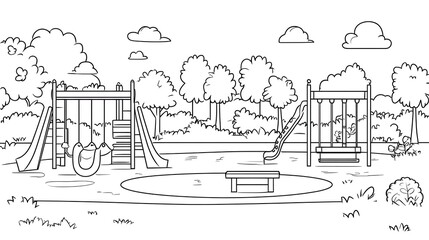 Obraz premium A playful cartoon playground scene for a kids’ coloring page, including a seesaw, slide, and swing, with sick lines and low detail, designed in a simple doodle style