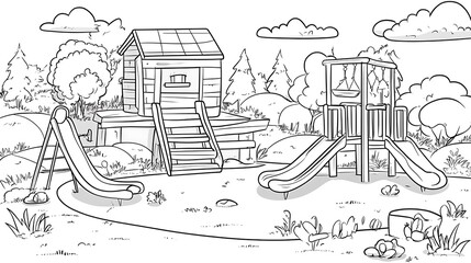Fototapeta premium A playful cartoon playground scene for a kids’ coloring page, including a seesaw, slide, and swing, with sick lines and low detail, designed in a simple doodle style