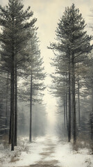Fototapeta premium Serene Winter Forest Path Veiled in Heavy Mist and Fog
