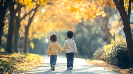 Obraz premium Two Children Walking Hand-in-Hand Through Autumn Park