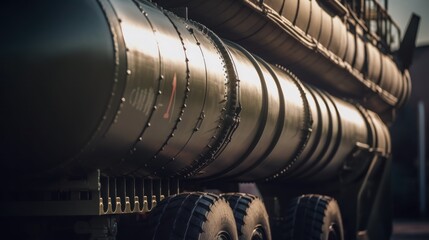 Close-up view of Military Tanker Truck, showcasing its robust construction and multiple fuel tanks, likely used for transporting essential supplies and logistics.