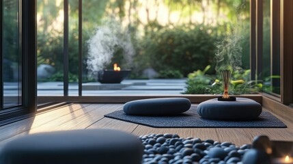 Fototapeta premium Peaceful Meditation Space with Cushions, Incense, Soothing Stones, and Zen Garden Promoting Mindfulness and Spiritual Well-Being in Natural Light
