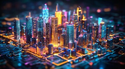 Obraz premium Vibrant futuristic cityscape at night, glowing skyscrapers and illuminated streets.