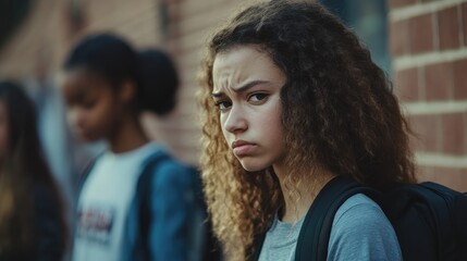 Students expressing anxiety about bullying during break time, with a close focus on one concerned girl's emotional face against a school backdrop.