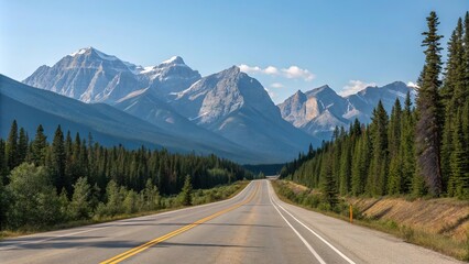 Fototapeta premium Empty stretch of asphalt road running parallel to a mountain range with a clear blue sky above and pine trees in the foreground, natural landscape, calmness, road to nowhere