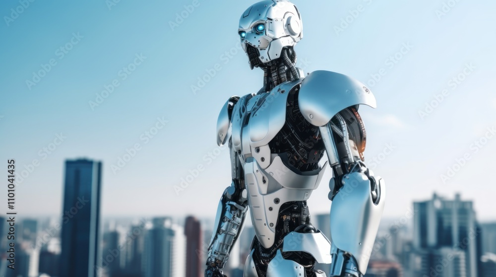 Poster futuristic robot in urban skyline: a glimpse into advanced robotics and the city of tomorrow