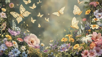 Beautiful watercolor artwork of fairy tale moths fluttering among blooming flowers, delicate, fairytale, watercolor, artwork