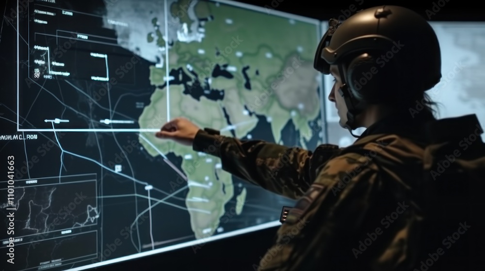 Poster military strategist analyzing global map on high-tech display