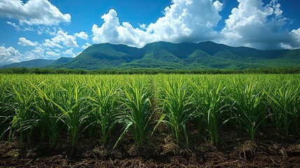 Sugarcane grows against a scenic backdrop, illustrating the beauty of agricultural practices.