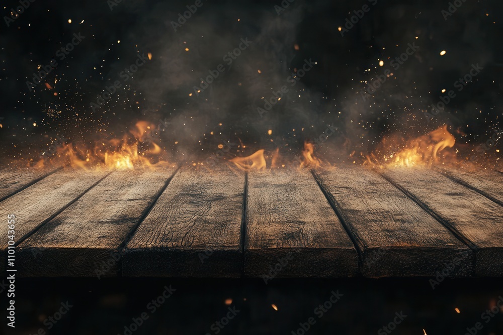 Poster a dramatic scene featuring flames rising from a textured surface, with sparks and smoke creating an 