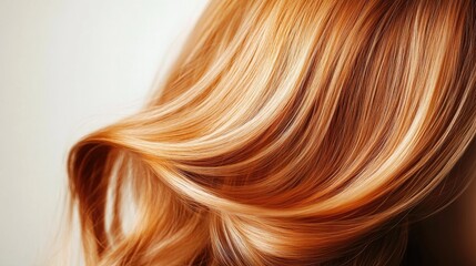 Naklejka premium Copper blonde wig with shimmering highlights, elegantly styled with soft waves, showcasing a rich, vibrant color and smooth texture.