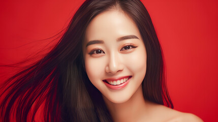 Obraz premium Portrait of smiling asian teenager girl red background.